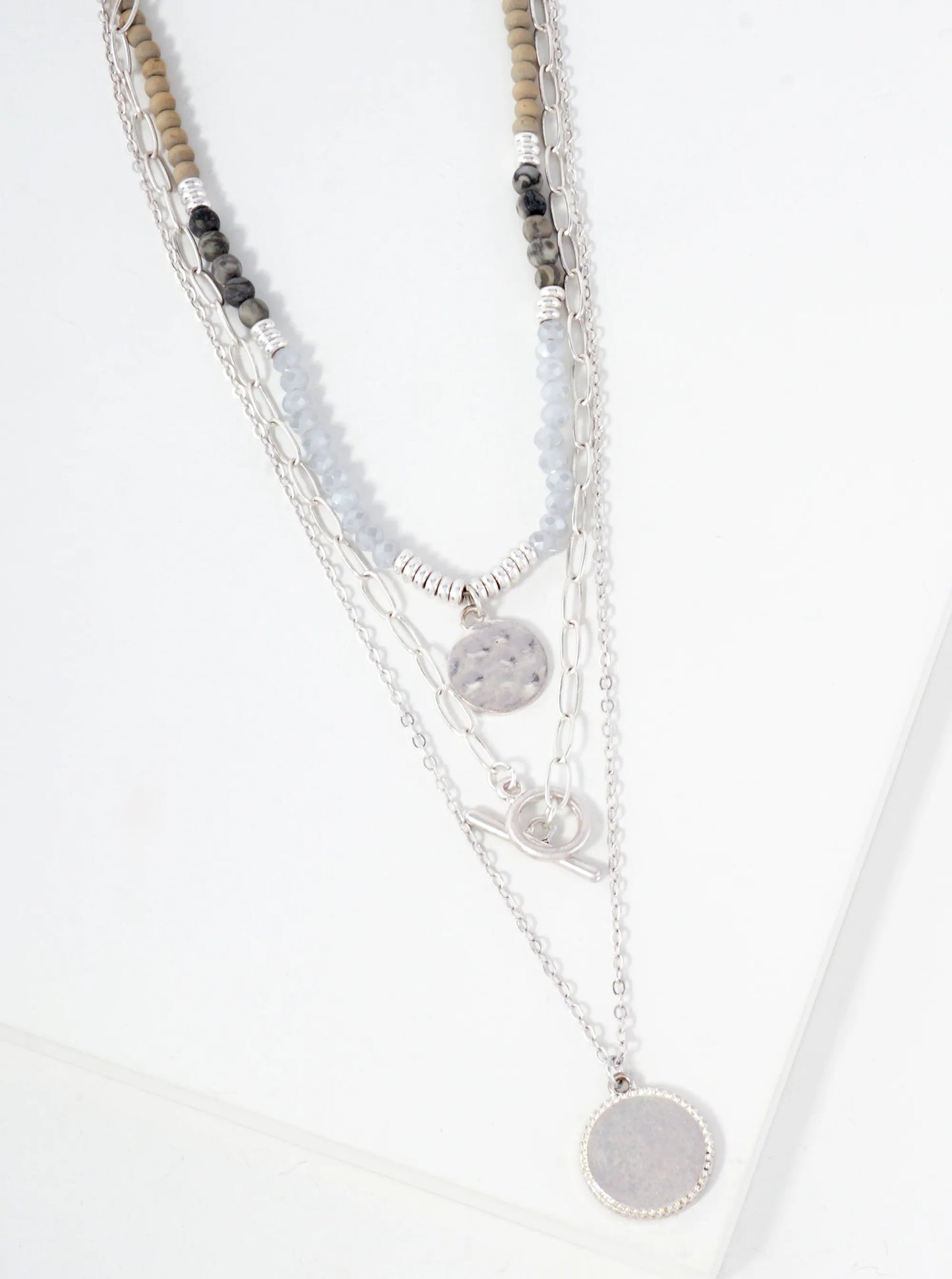 3-PC-Set Semi-Precious Natural-Stone Glass-Beaded Round Pendant Layered Necklace