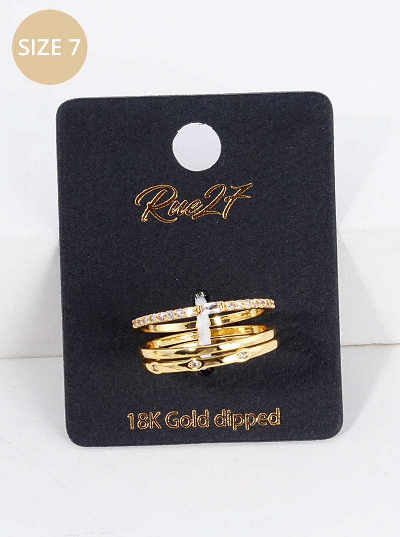 3-PC Set Size 7 Baguette CZ Stone Chain 18K Gold Dipped Brass Rings
