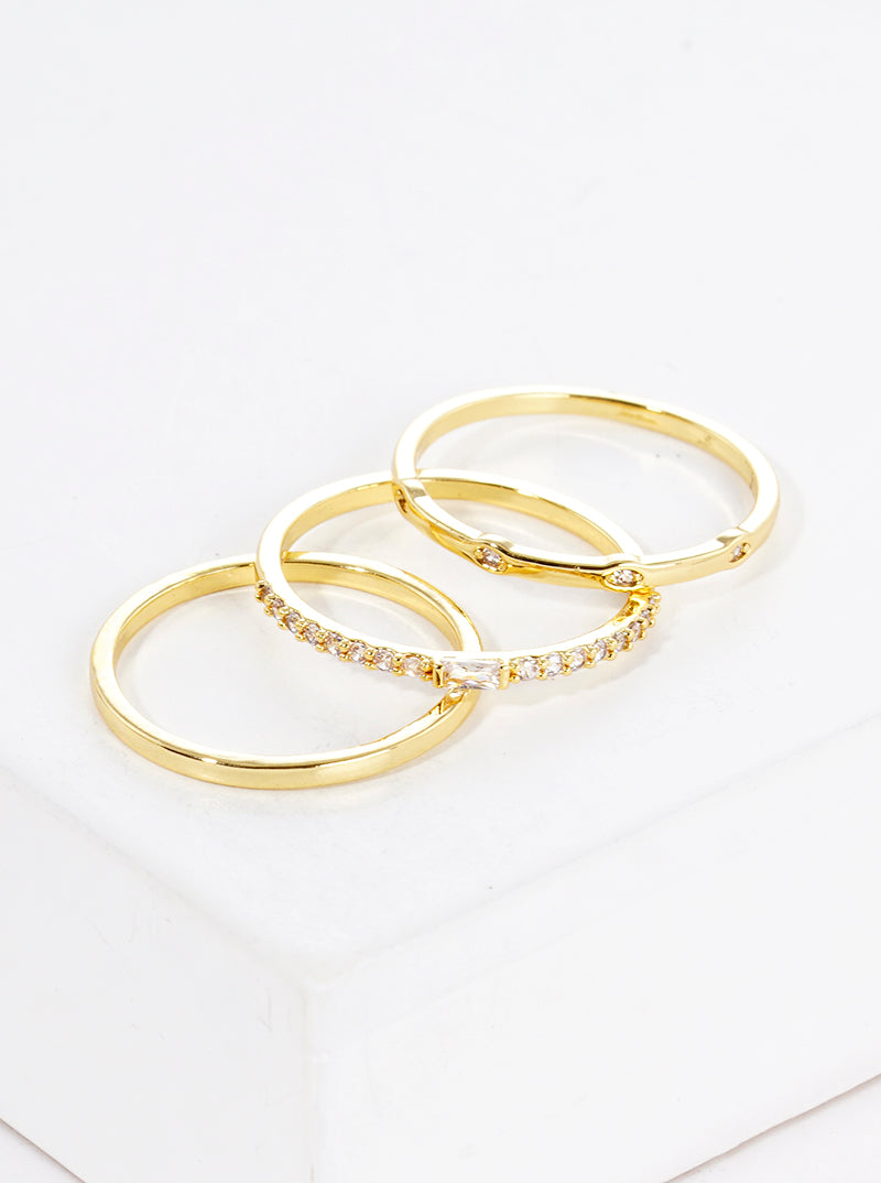 3-PC Set Size 7 Baguette CZ Stone Chain 18K Gold Dipped Brass Rings