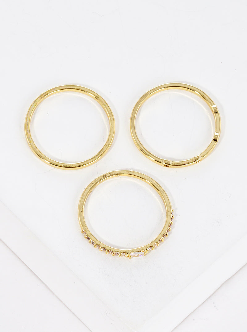 3-PC Set Size 7 Baguette CZ Stone Chain 18K Gold Dipped Brass Rings