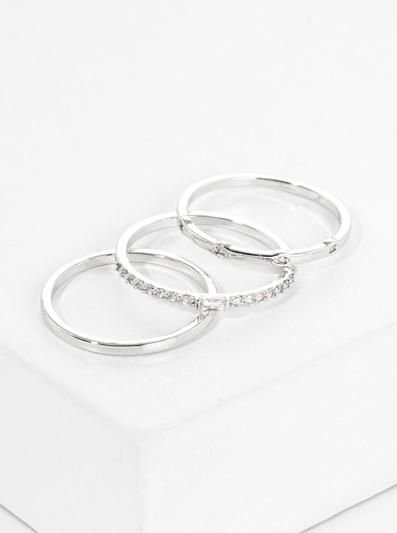 3-PC Set Size 7 Baguette CZ Stone Chain 18K Gold Dipped Brass Rings