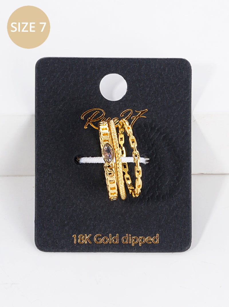 3-PC Set Size 7 Marquise CZ Stone Chain18K Gold Dipped Brass Rings