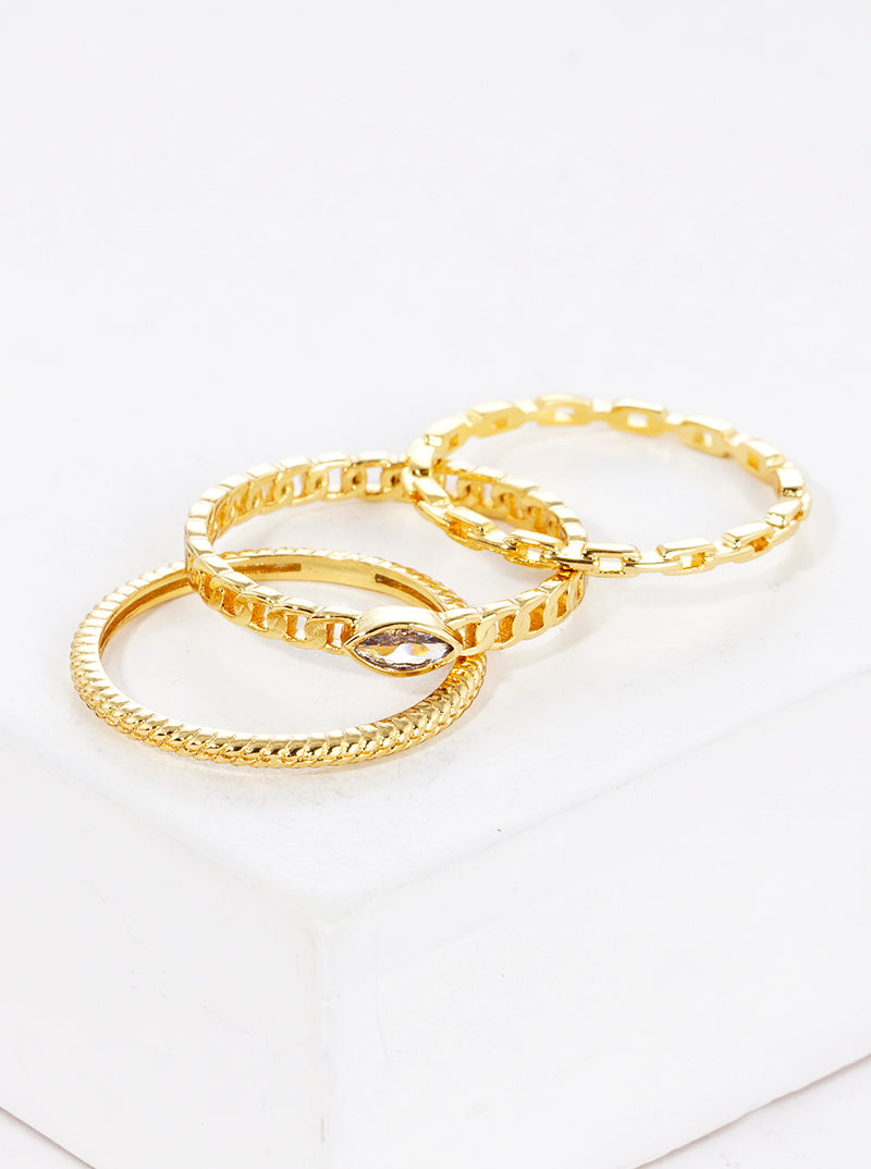 3-PC Set Size 7 Marquise CZ Stone Chain18K Gold Dipped Brass Rings