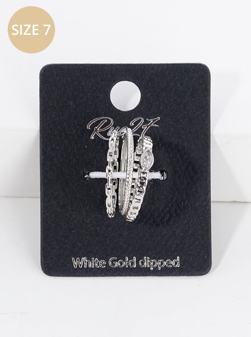 3-PC Set Size 7 Marquise CZ Stone Chain18K Gold Dipped Brass Rings Rhodium