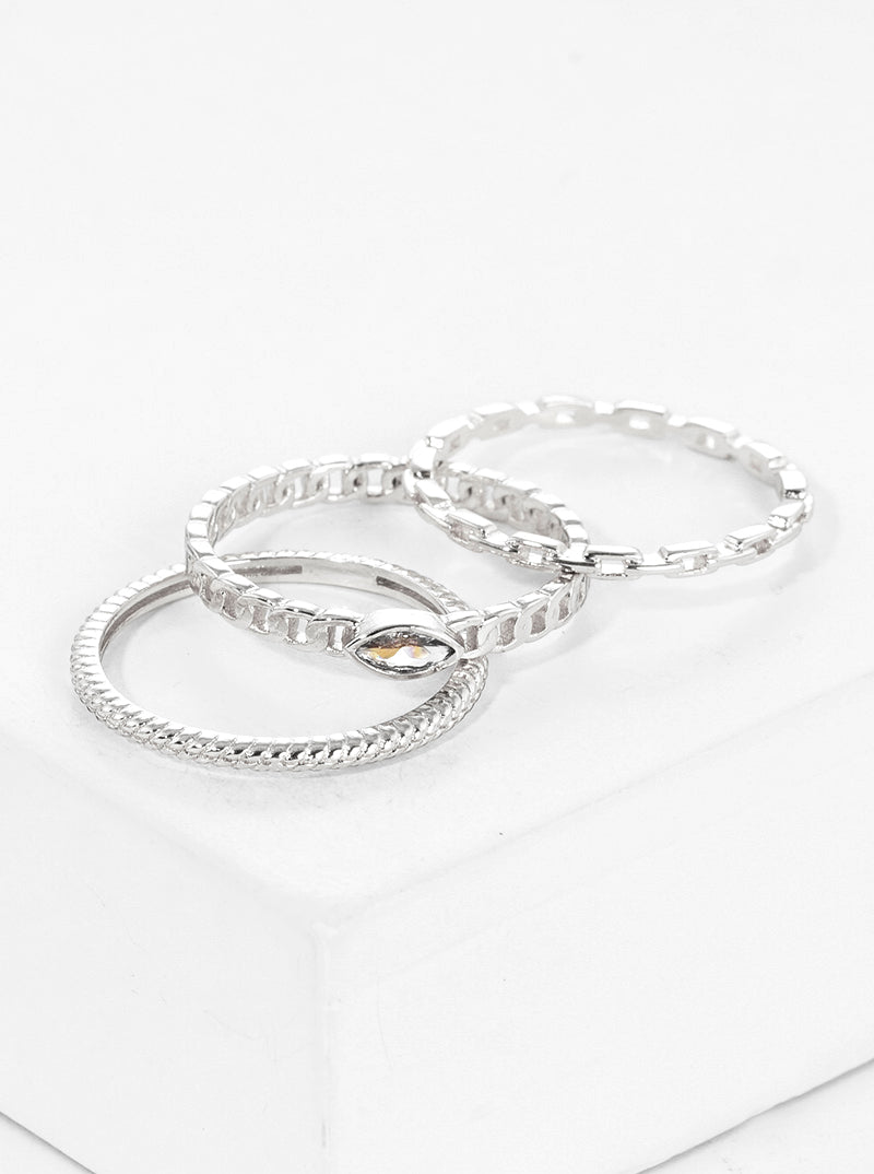 3-PC Set Size 7 Marquise CZ Stone Chain18K Gold Dipped Brass Rings