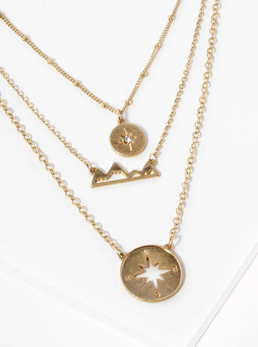 3-PC Set Star Mountain Compass Pendant Layered Necklace