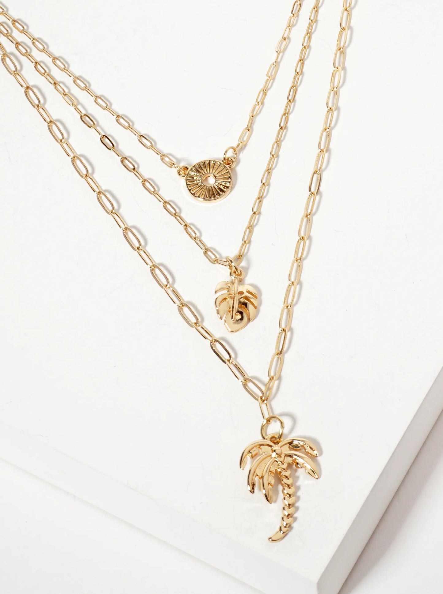 3-PC-Set Tropical-Theme Palm-Tree Monstera-Leaf Pendant Layered Necklace