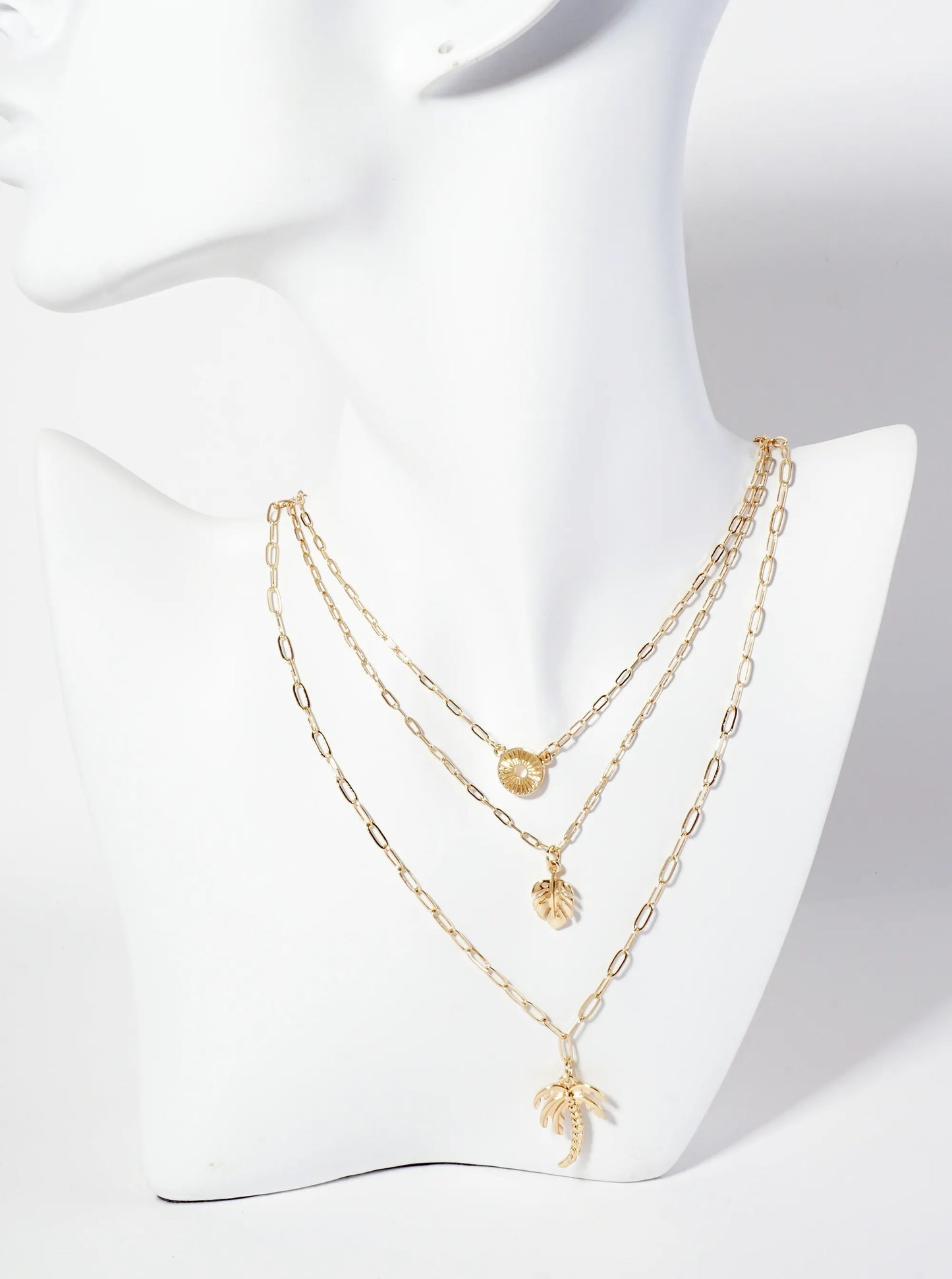 3-PC-Set Tropical-Theme Palm-Tree Monstera-Leaf Pendant Layered Necklace