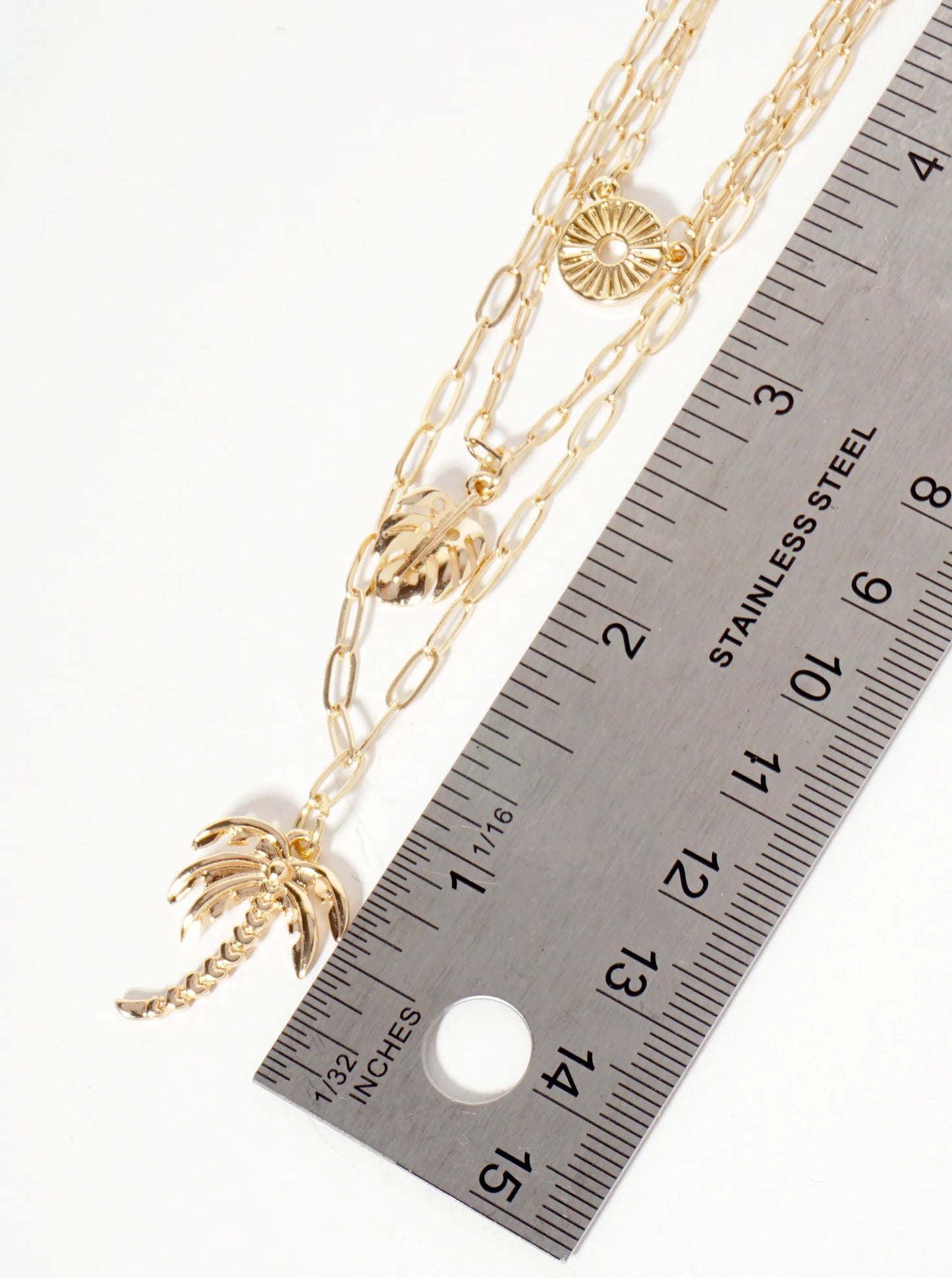 3-PC-Set Tropical-Theme Palm-Tree Monstera-Leaf Pendant Layered Necklace