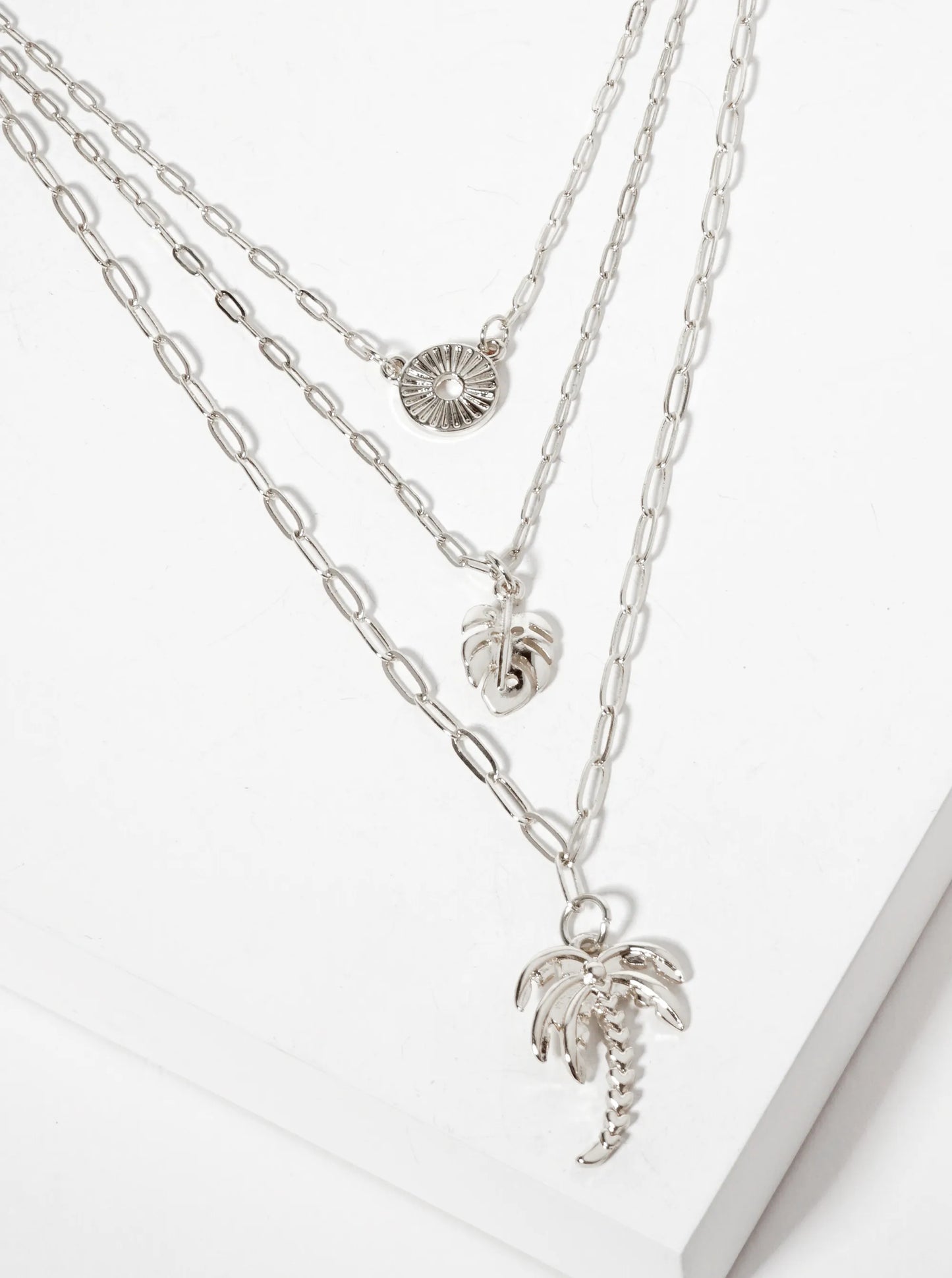 3-PC-Set Tropical-Theme Palm-Tree Monstera-Leaf Pendant Layered Necklace
