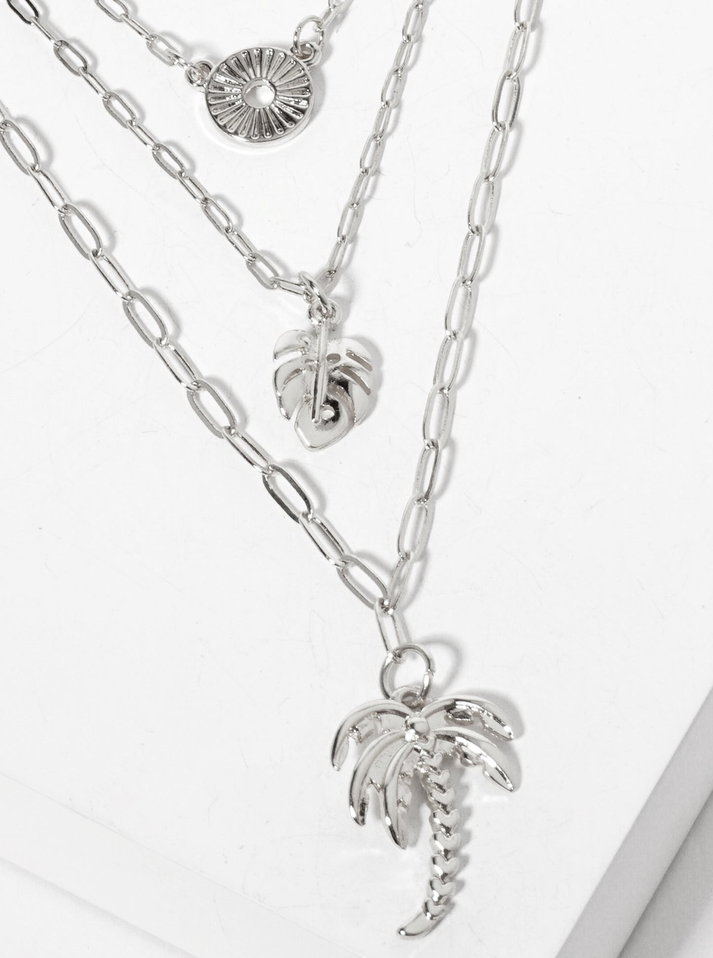 3-PC-Set Tropical-Theme Palm-Tree Monstera-Leaf Pendant Layered Necklace