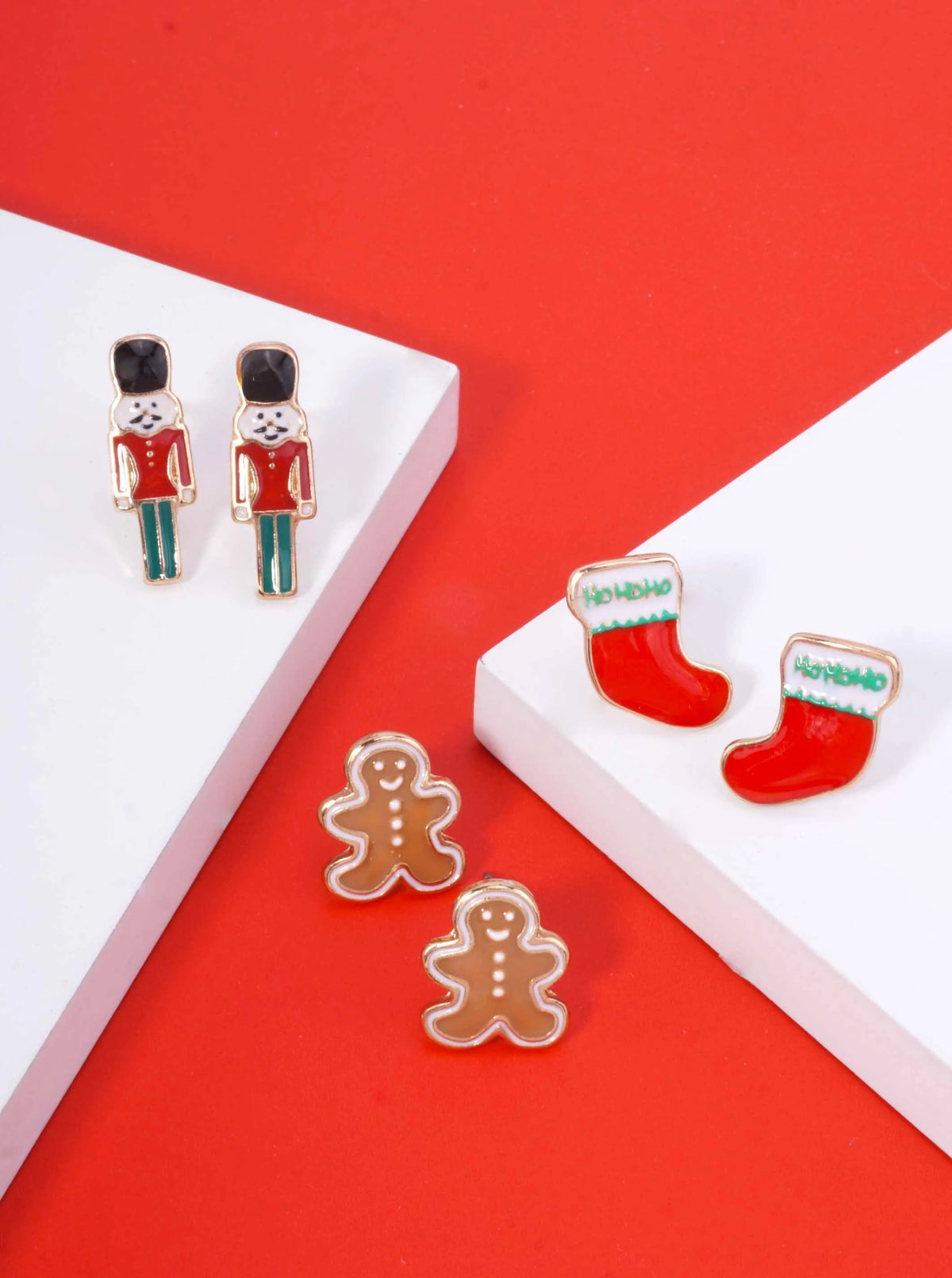 3-Pair Boot Gingerbread Nutcracker Enamel Studs