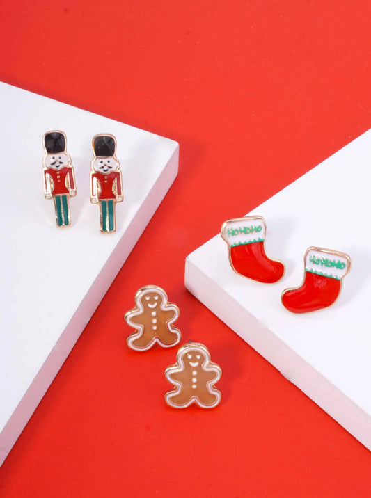 3-Pair Boot Gingerbread Nutcracker Enamel Studs