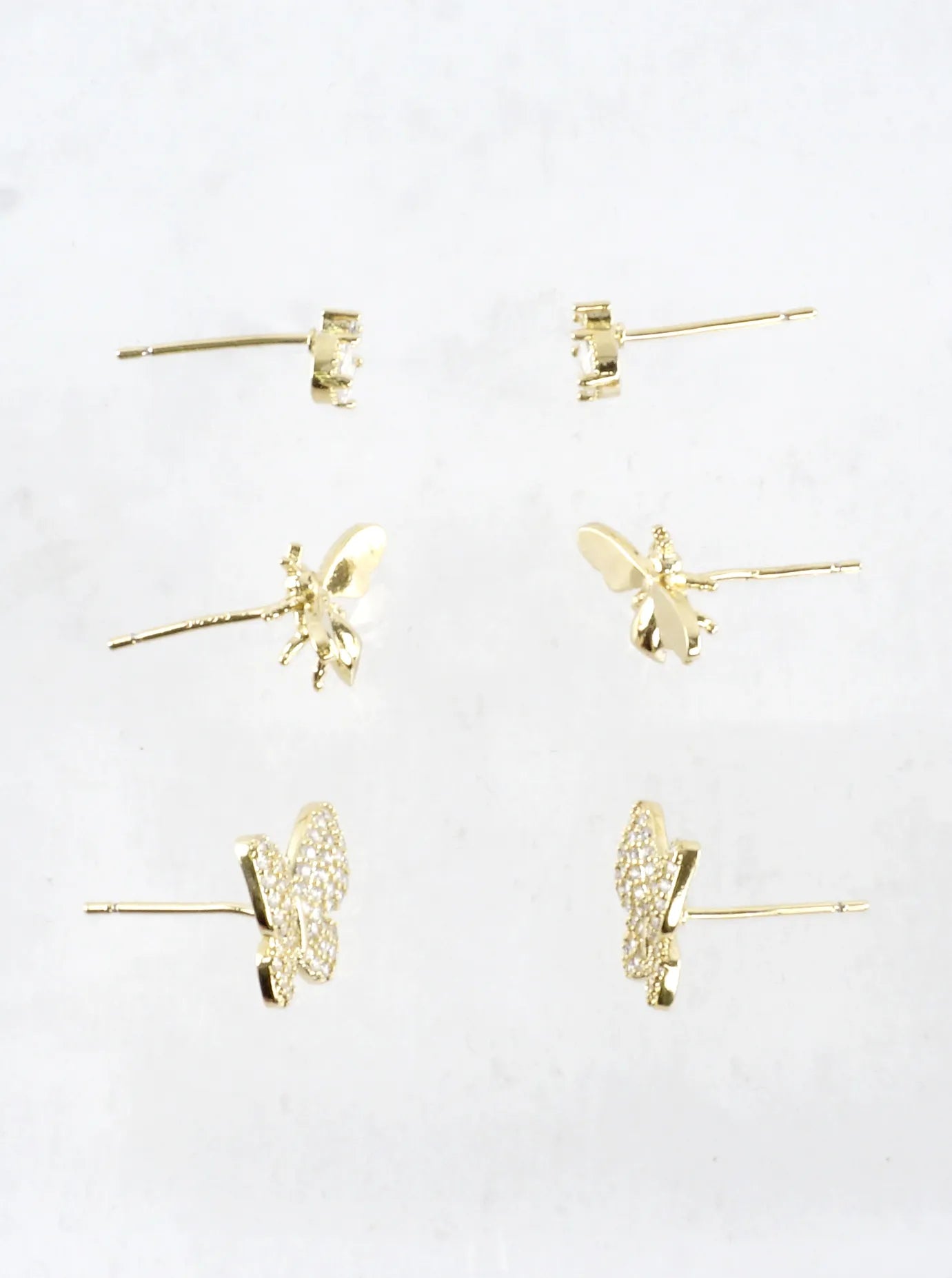 3 Pair Brass CZ Butterfly Bee Stud Earrings Set