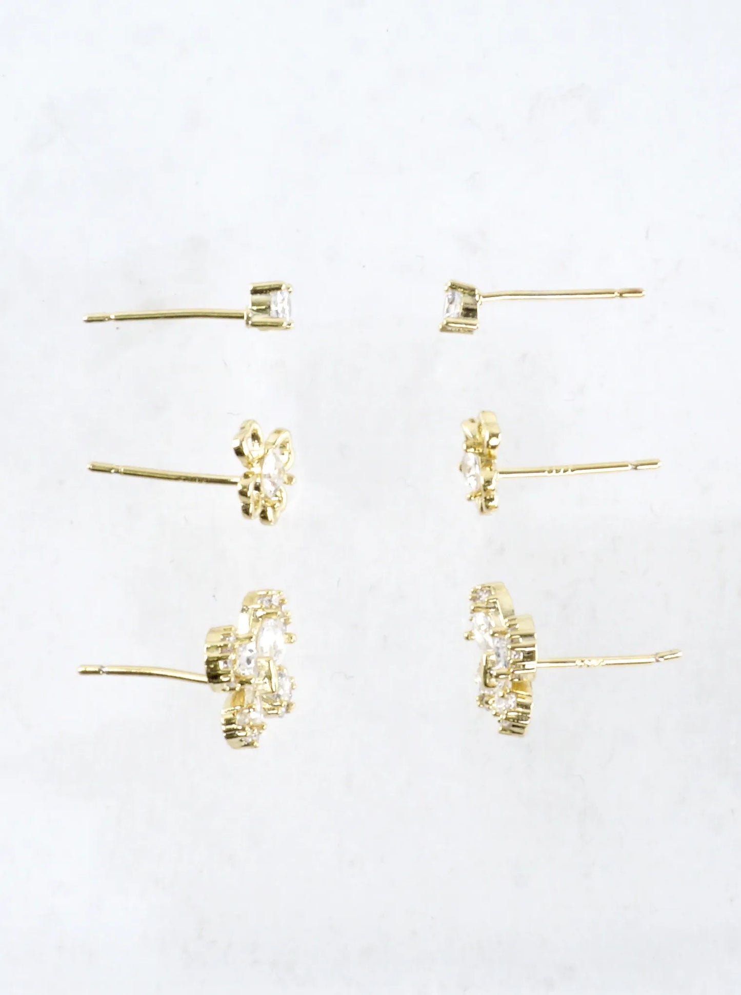 3 Pair Brass CZ Butterfly Flower Stud Earrings Set