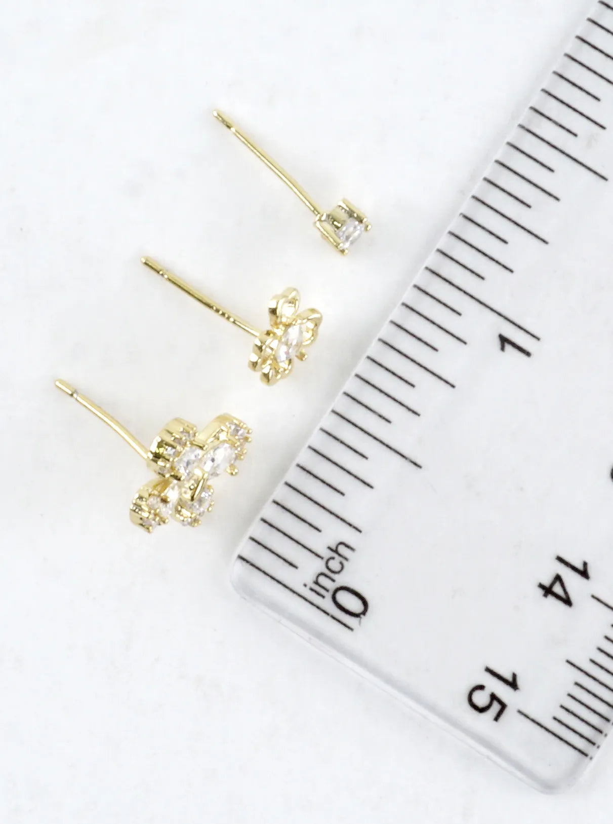 3 Pair Brass CZ Butterfly Flower Stud Earrings Set