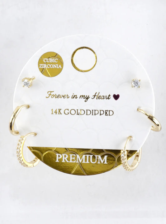 3 Pair CZ Pave Small Huggie Hoop Stud Earrings Set