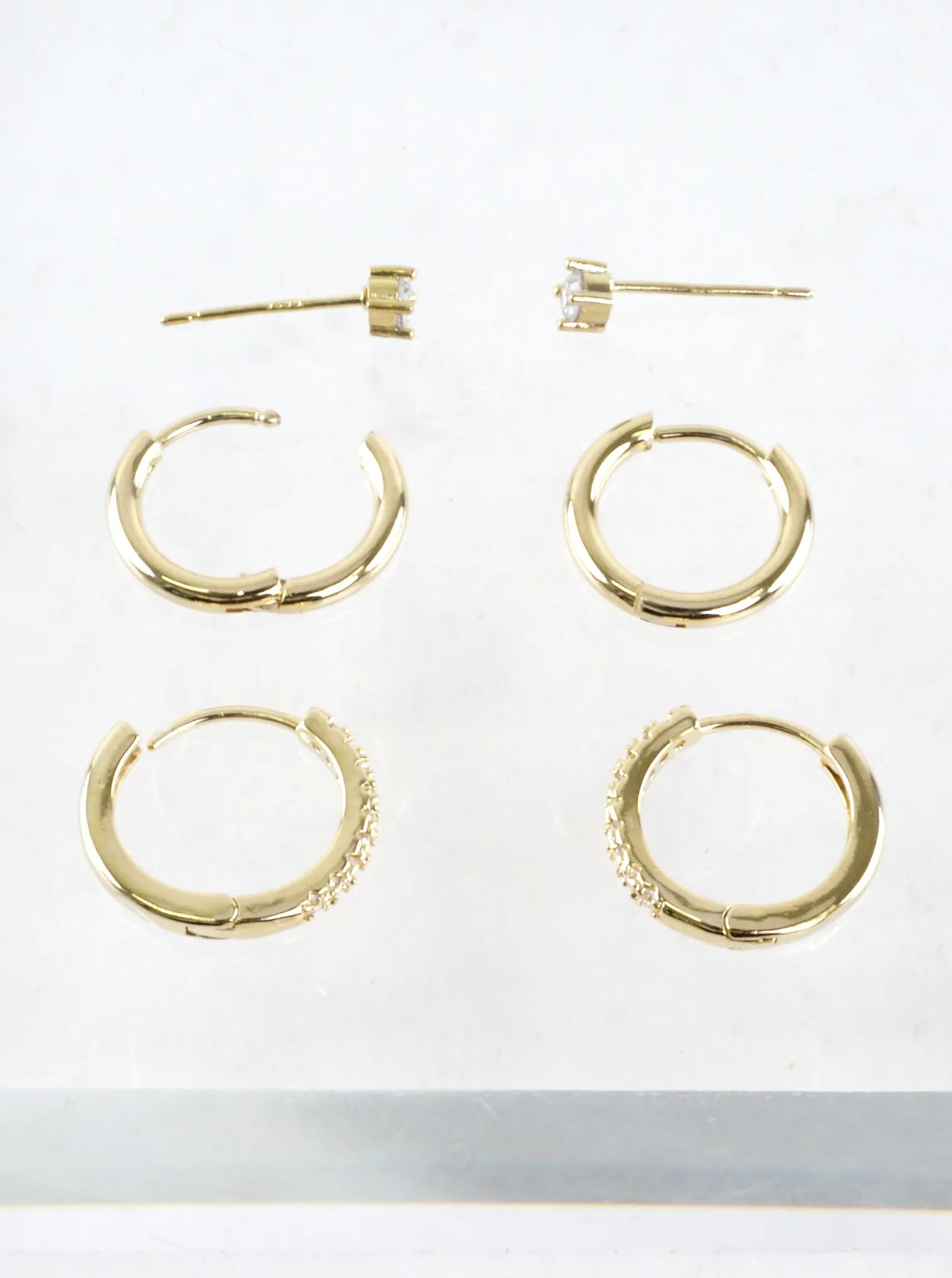 3 Pair CZ Pave Small Huggie Hoop Stud Earrings Set