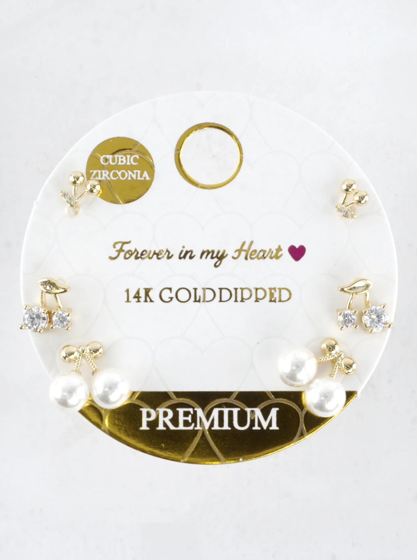 3 Pair CZ Pearl Prong Cherry Stud Earrings Set