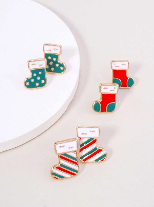 3-Pair Christmas Stocking Enamel Stud Earrings