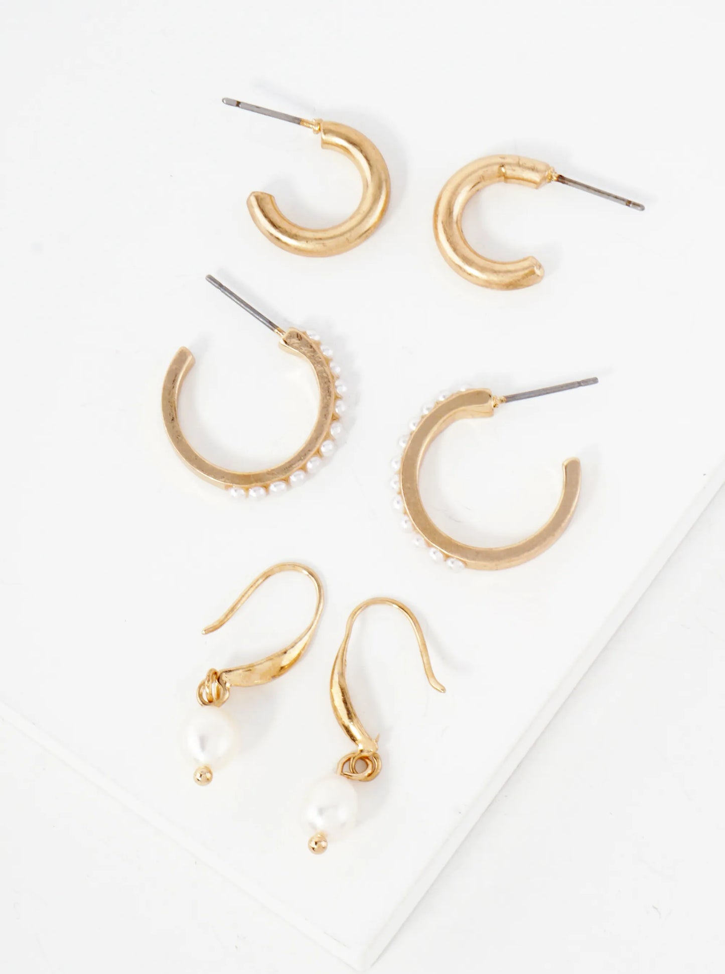 3 Pair Earrings Hoop And Embedded Pearls Drop Earrings