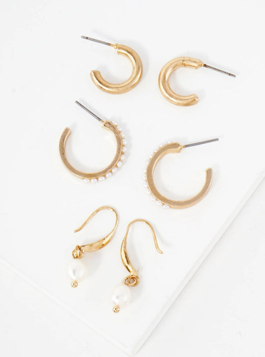 3 Pair Earrings Hoop And Embedded Pearls Drop Earrings