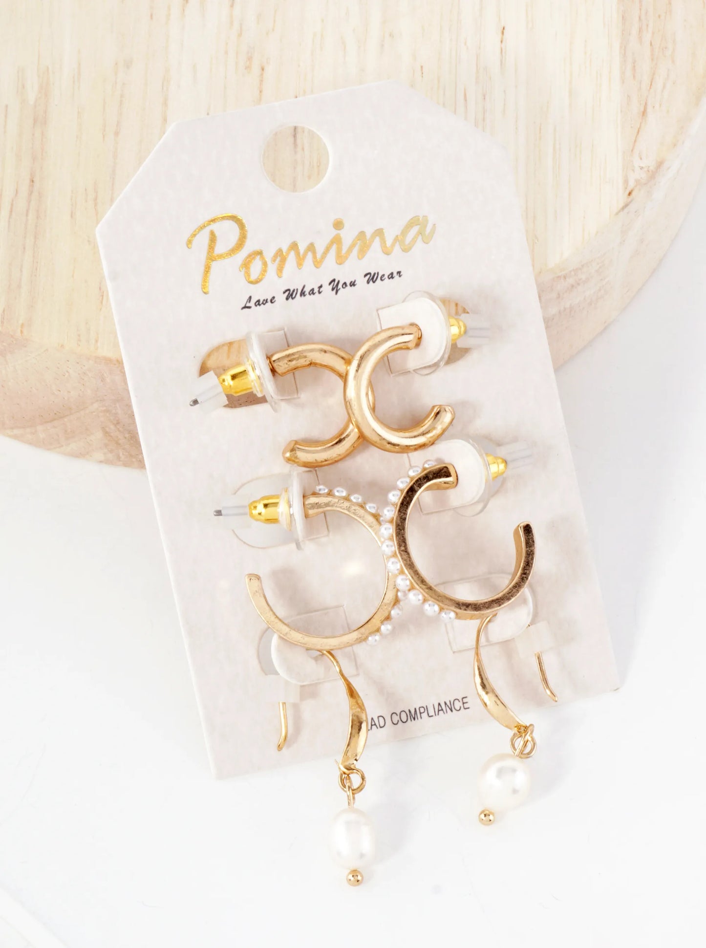 3 Pair Earrings Hoop And Embedded Pearls Drop Earrings