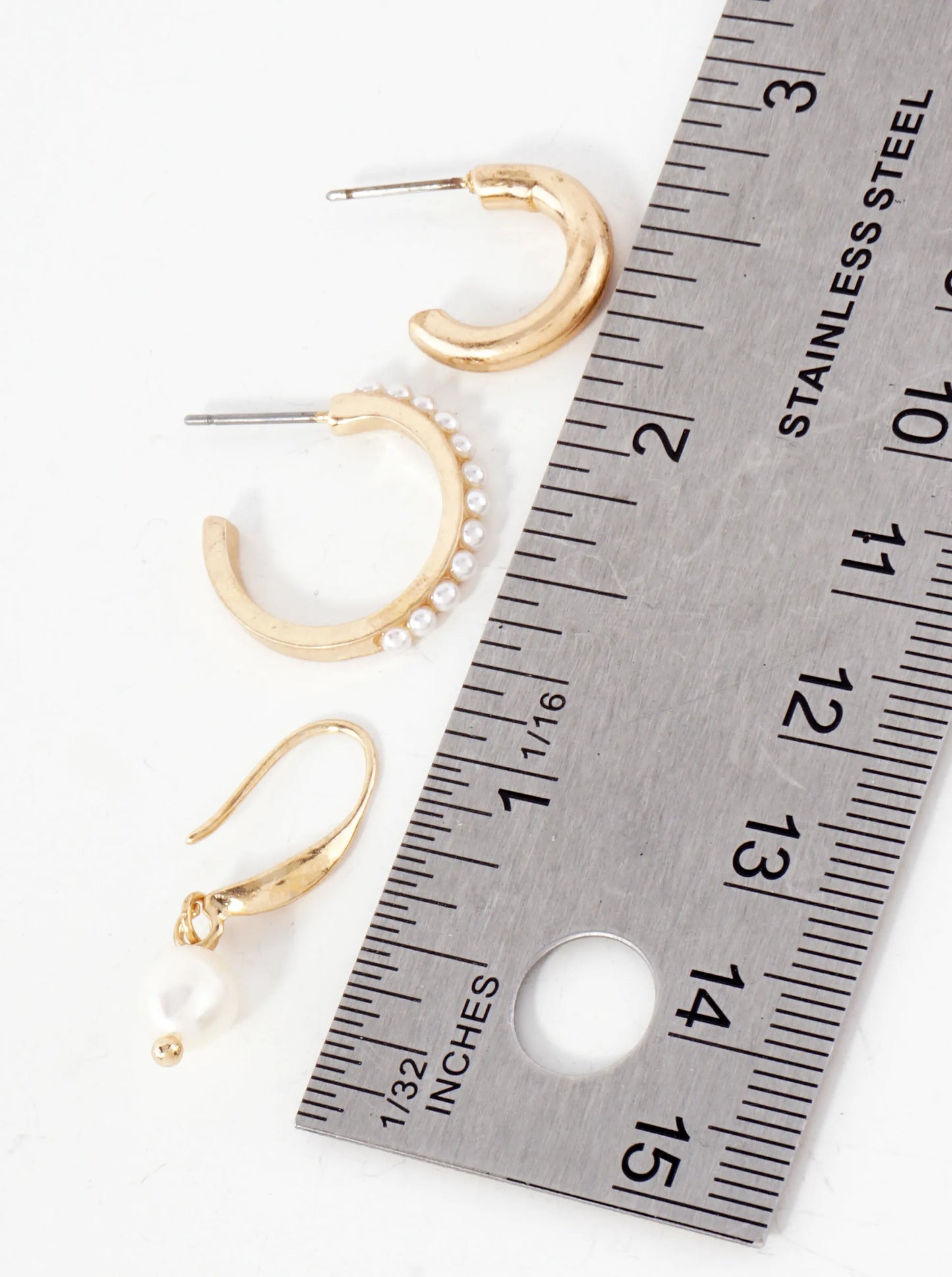 3 Pair Earrings Hoop And Embedded Pearls Drop Earrings