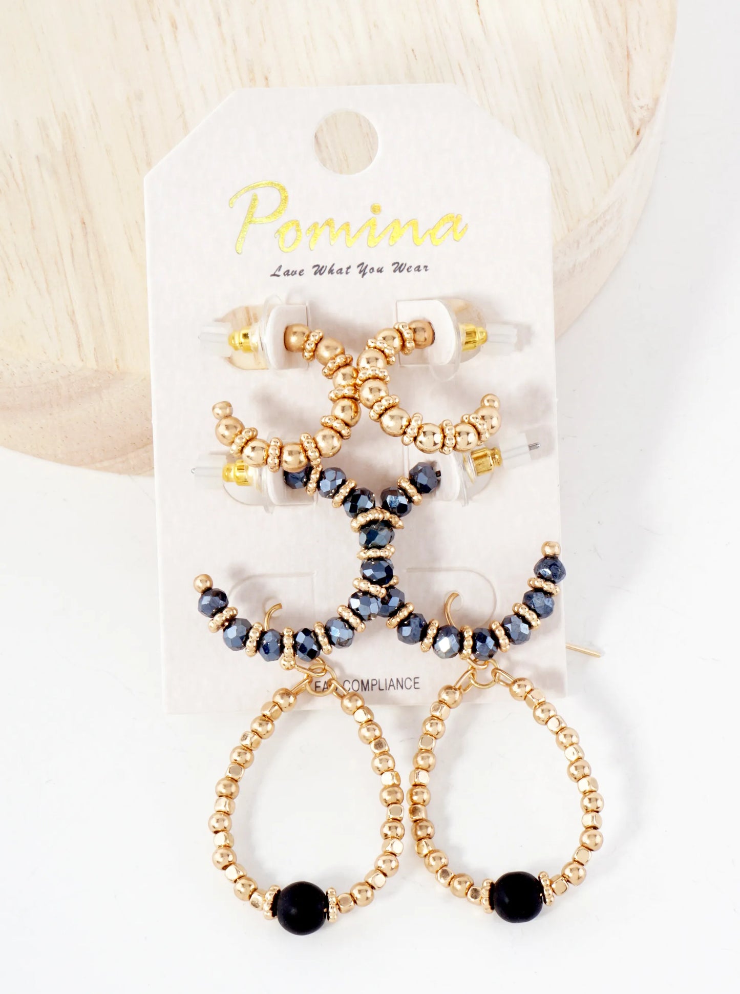 3 Pair Earrings Set Metallic Beads Glass And Pearls Hoop Dangle Earrings
