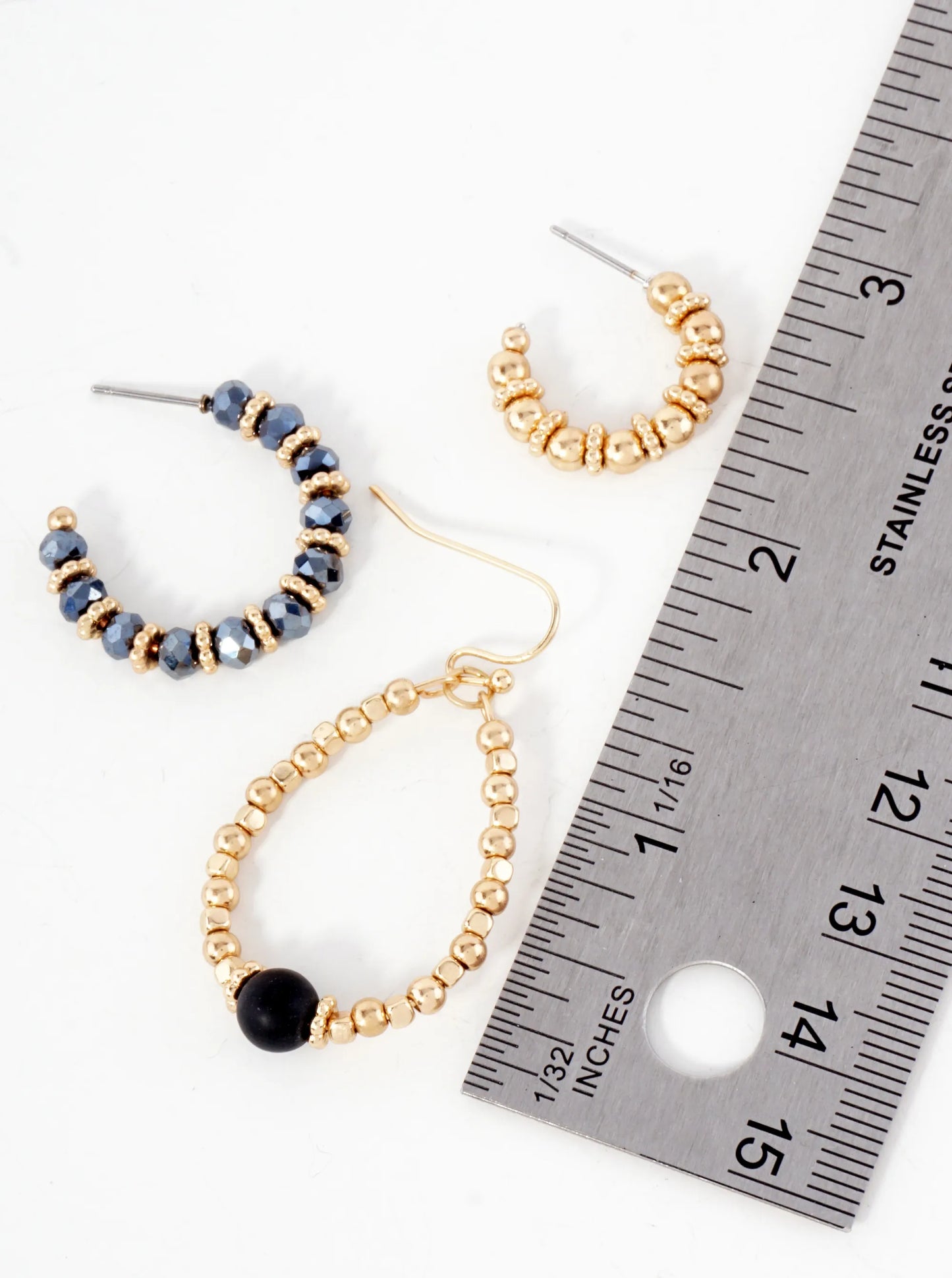 3 Pair Earrings Set Metallic Beads Glass And Pearls Hoop Dangle Earrings