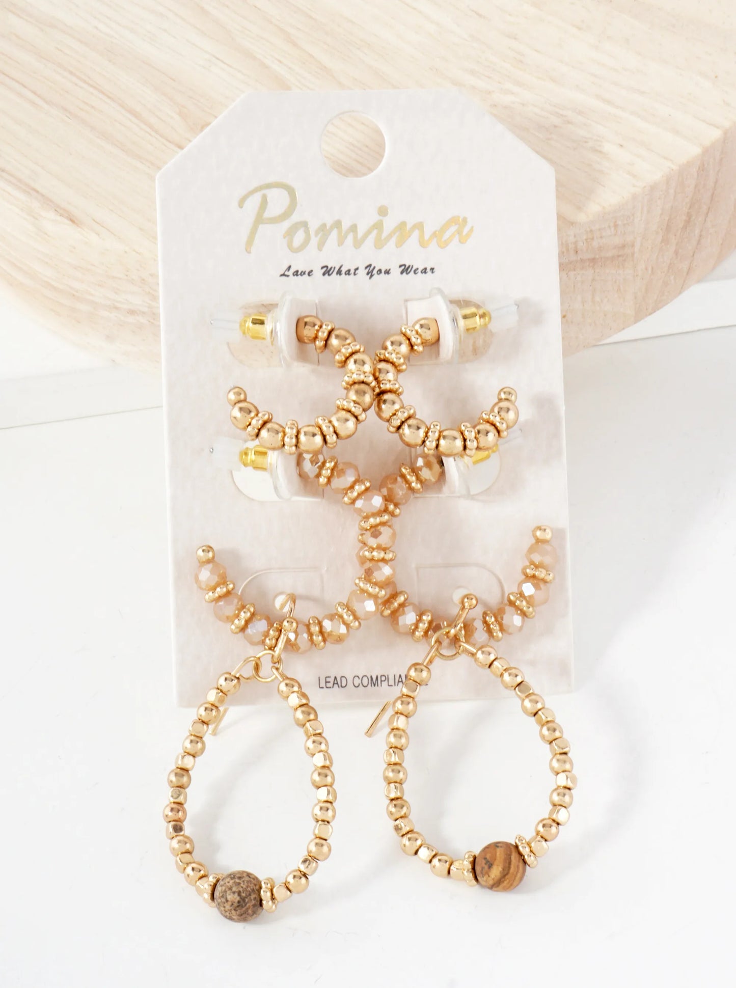 3 Pair Earrings Set Metallic Beads Glass And Pearls Hoop Dangle Earrings