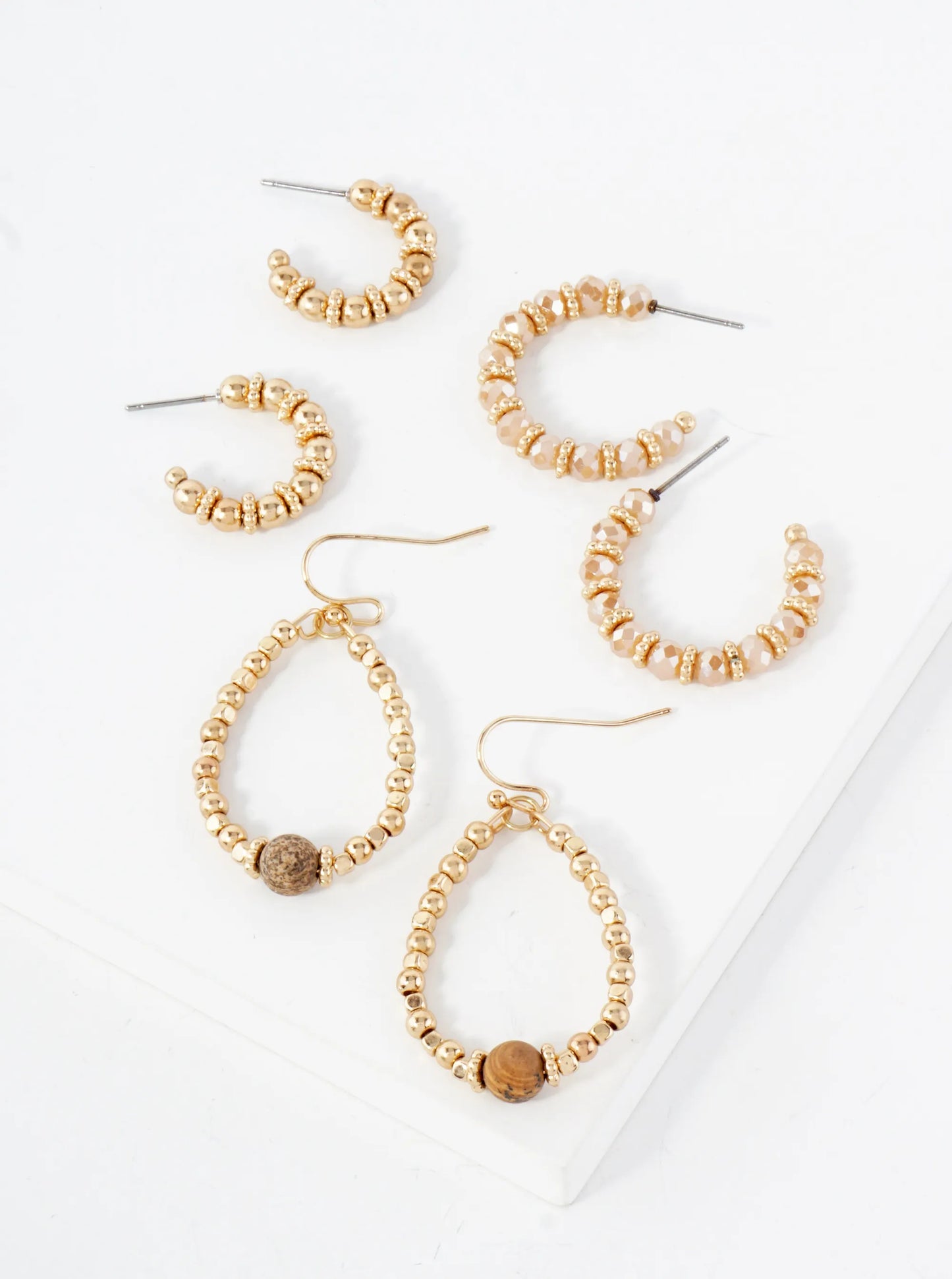 3 Pair Earrings Set Metallic Beads Glass And Pearls Hoop Dangle Earrings