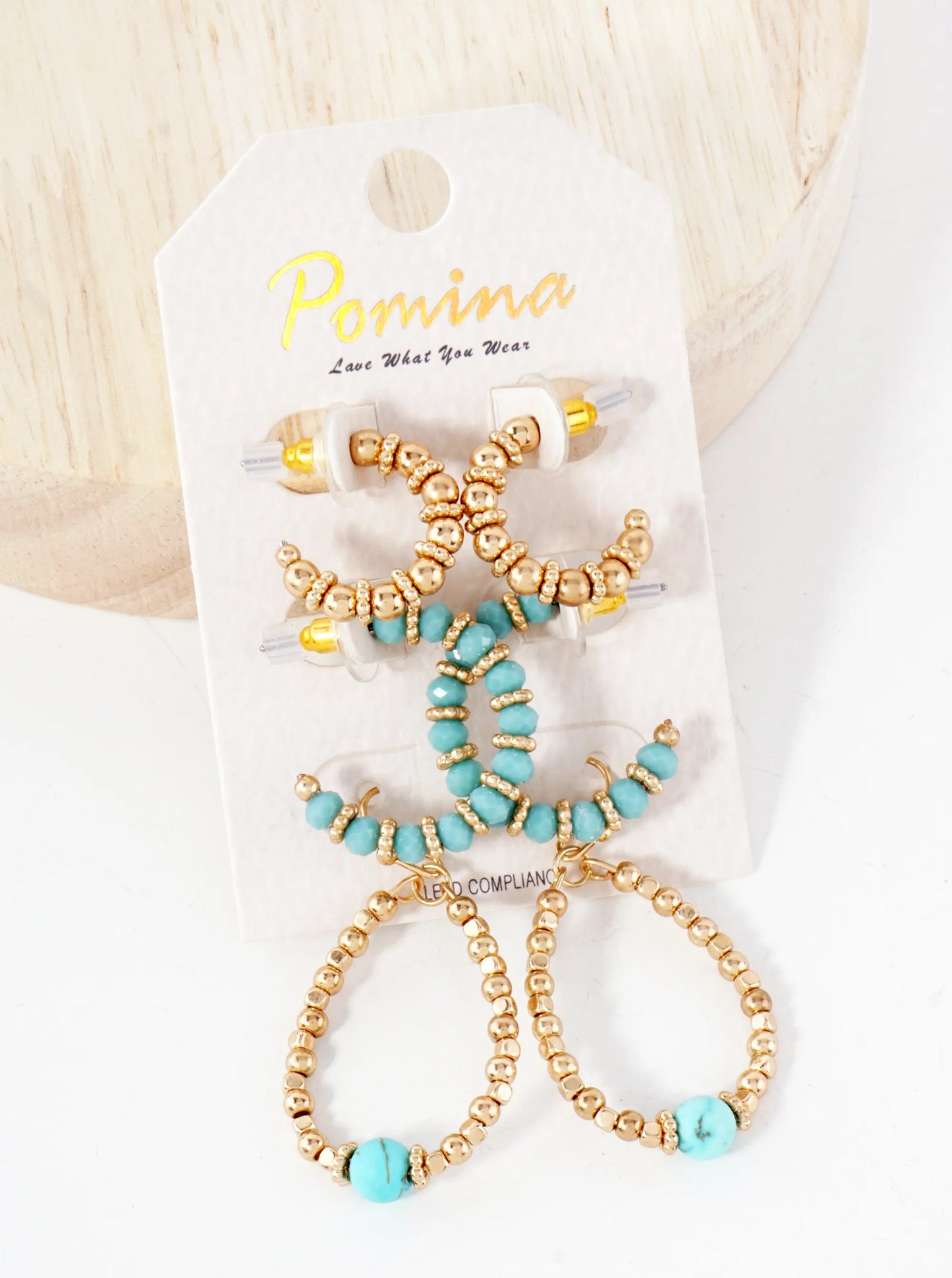 3 Pair Earrings Set Metallic Beads Glass And Pearls Hoop Dangle Earrings