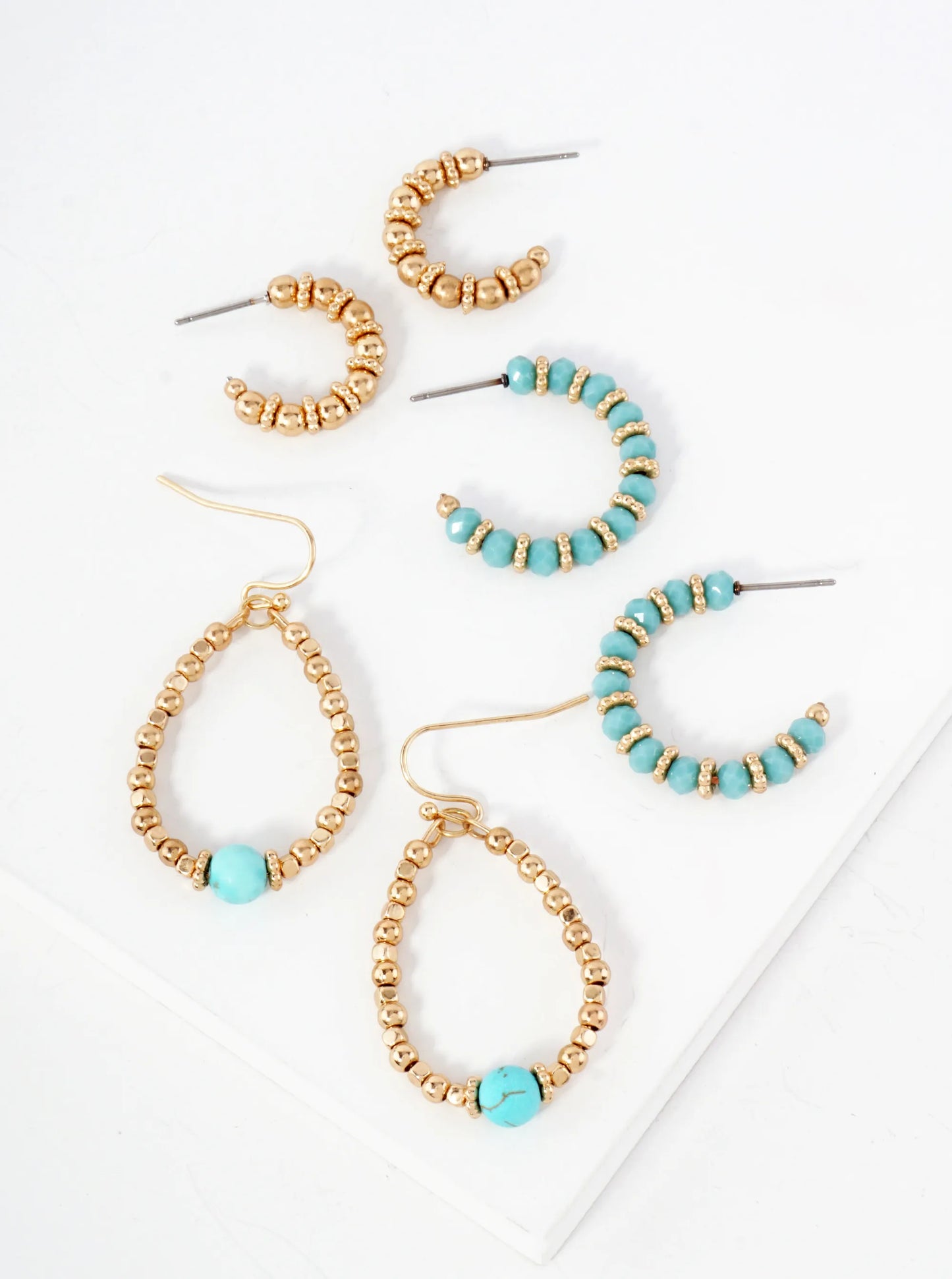 3 Pair Earrings Set Metallic Beads Glass And Pearls Hoop Dangle Earrings