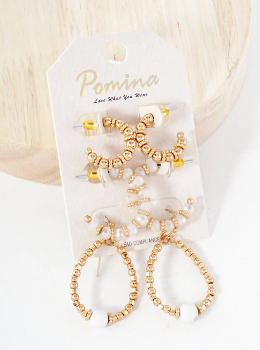 3 Pair Earrings Set Metallic Beads Glass And Pearls Hoop Dangle Earrings