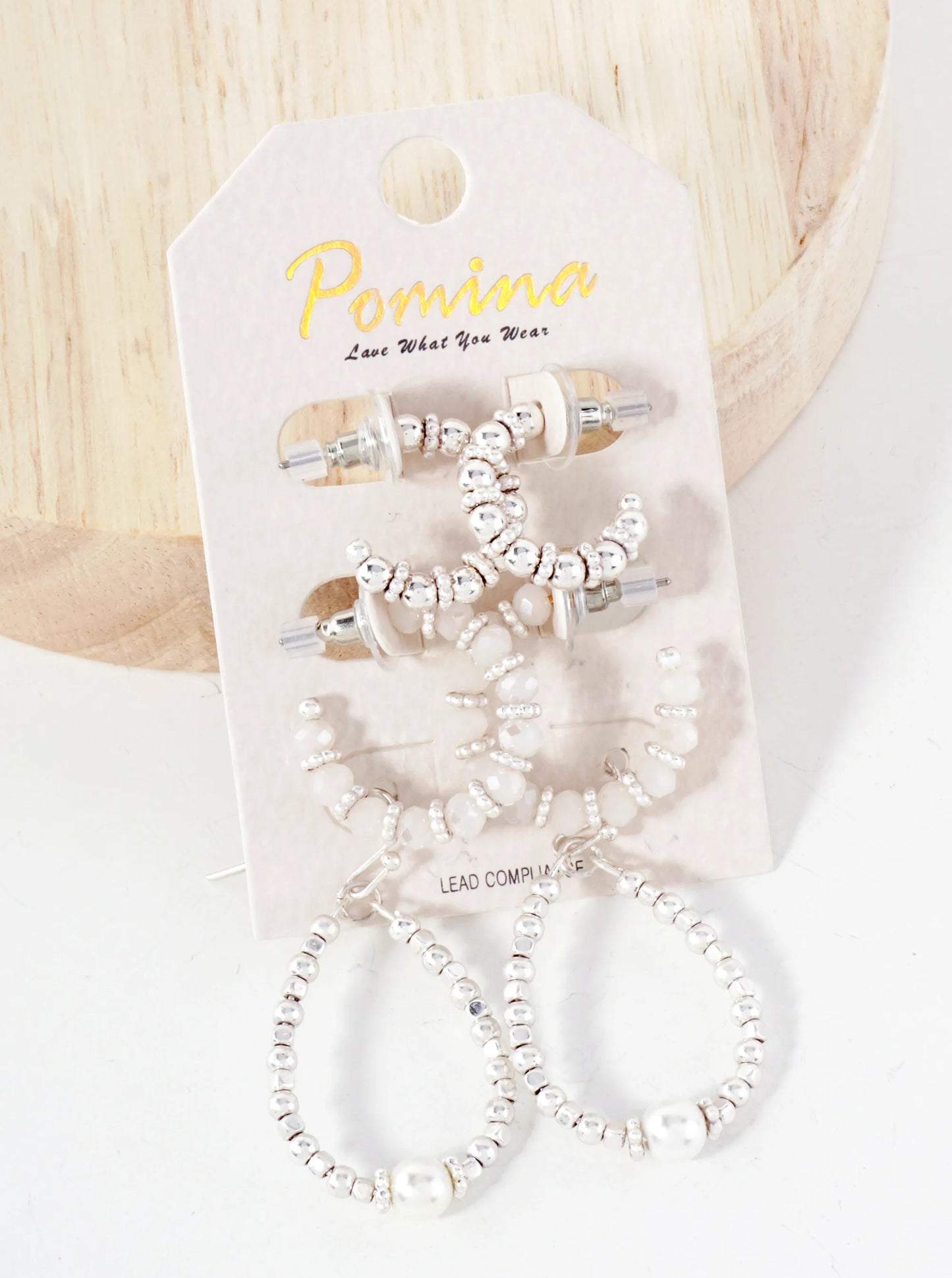 3 Pair Earrings Set Metallic Beads Glass And Pearls Hoop Dangle Earrings