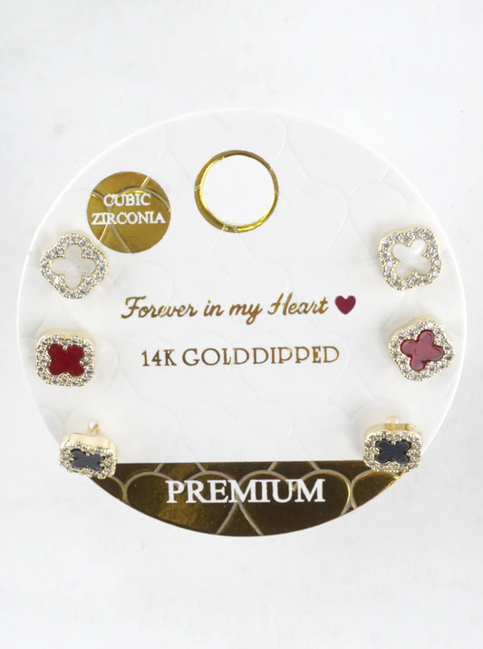 3 Pair Enamel CZ Pave Quatrefoil Stud Earrings Set