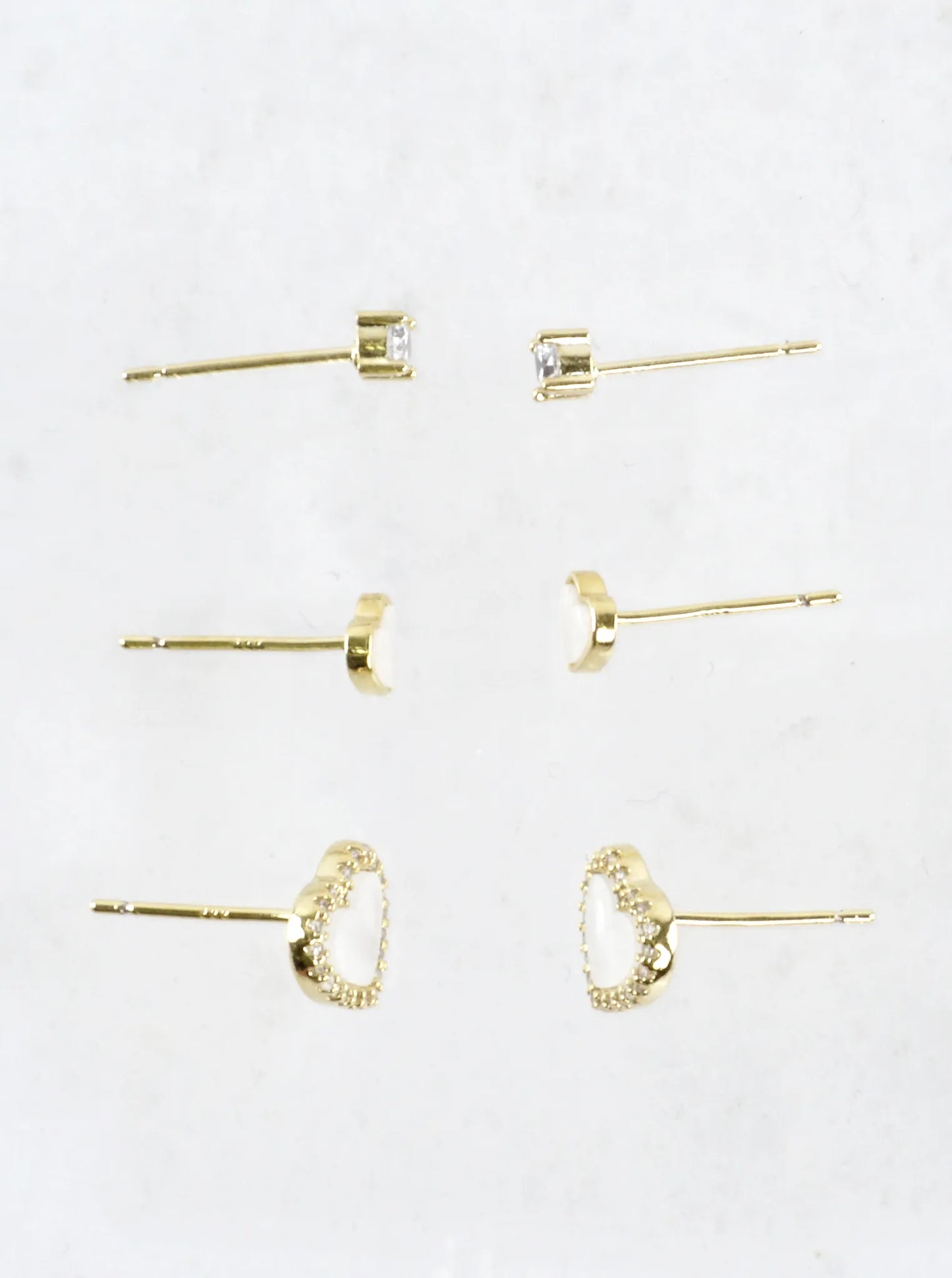 3 Pair Pearl CZ Heart Stud Earrings Set