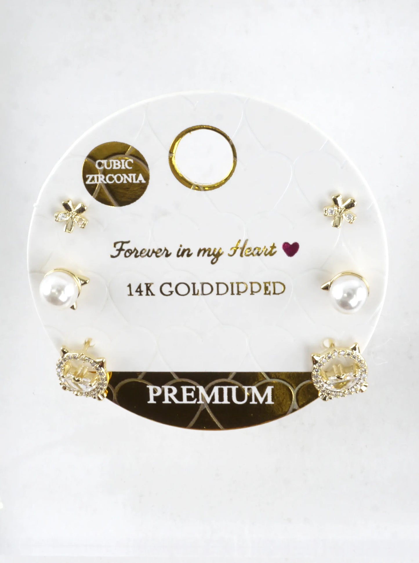3 Pair Pearl Flower Kitty Stud Earrings Set