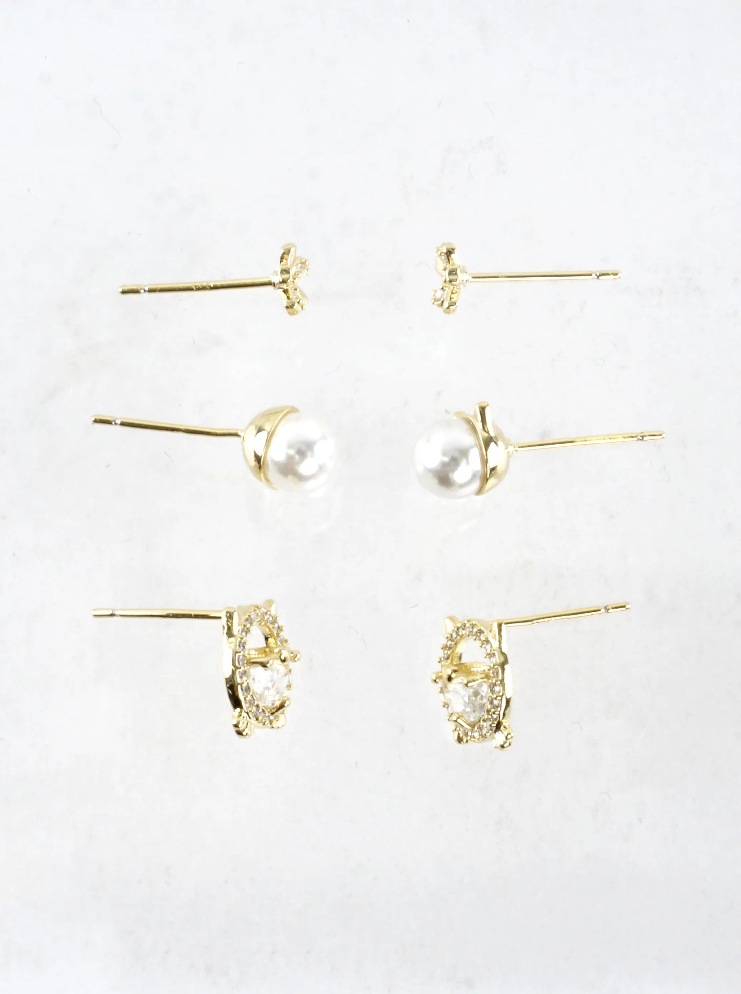 3 Pair Pearl Flower Kitty Stud Earrings Set