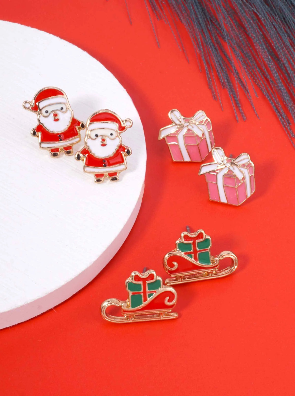 3-Pair Santa Gift Sleigh Enamel Stud Earrings