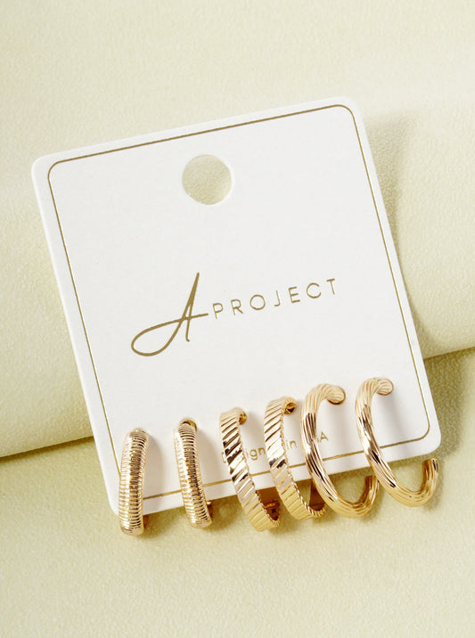 3-Pair Set 18-20mm Textured Open Hoop Earrings