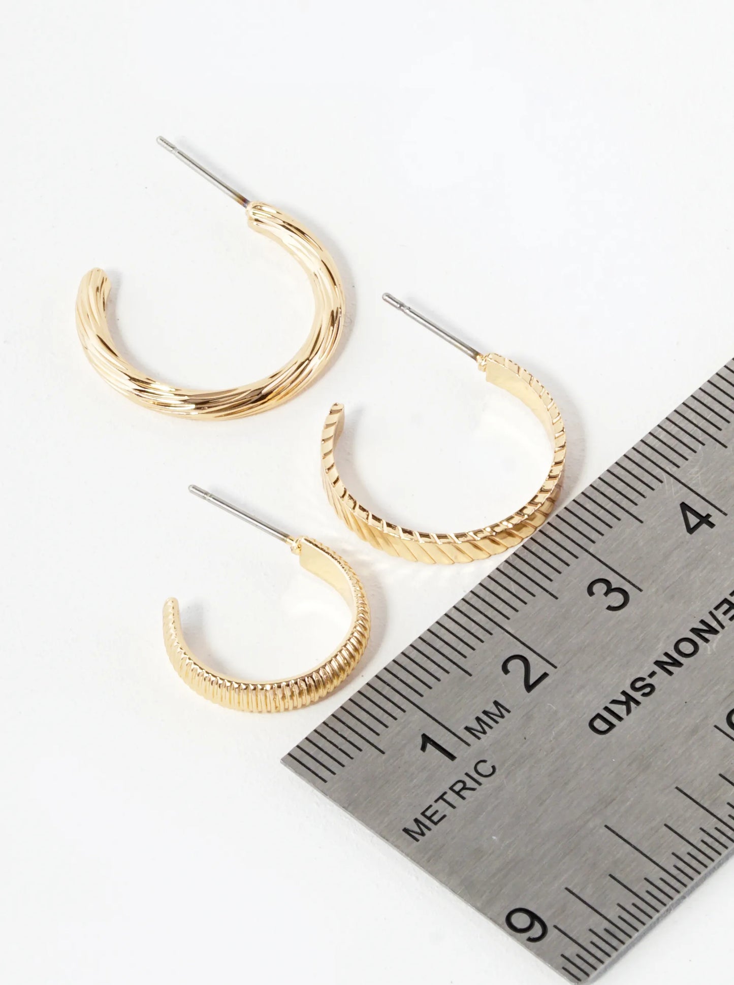 3-Pair Set 18-20mm Textured Open Hoop Earrings
