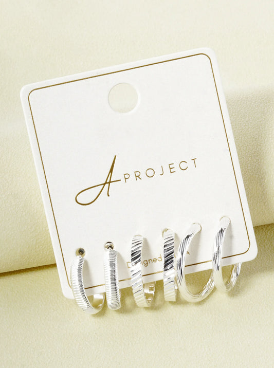3-Pair Set 18-20mm Textured Open Hoop Earrings