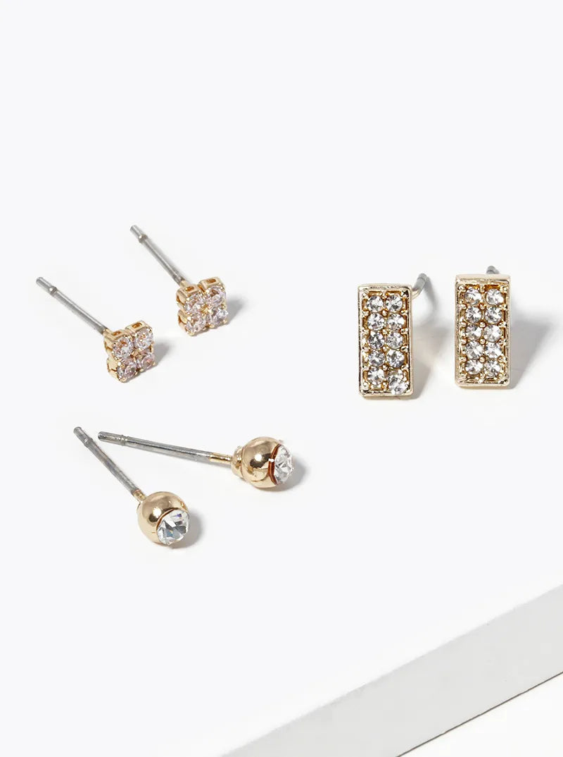 3-Pair Set CZ And Rhinestone Post Stud Earrings