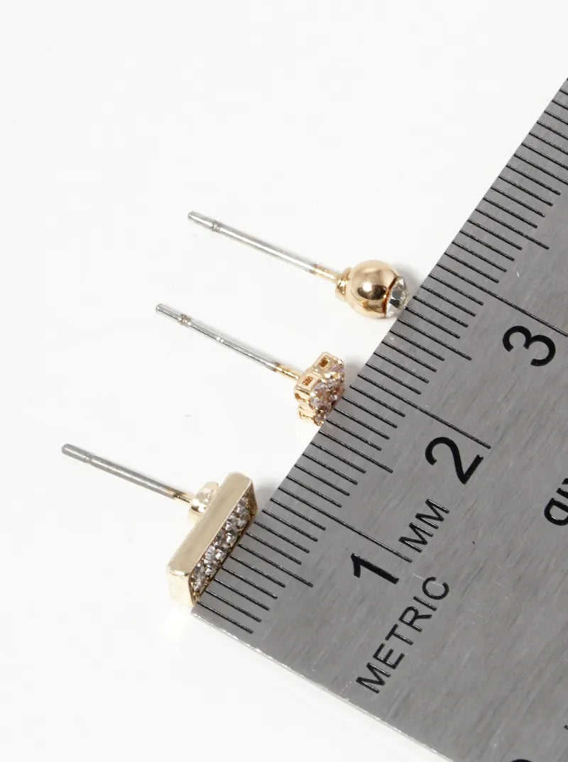 3-Pair Set CZ And Rhinestone Post Stud Earrings