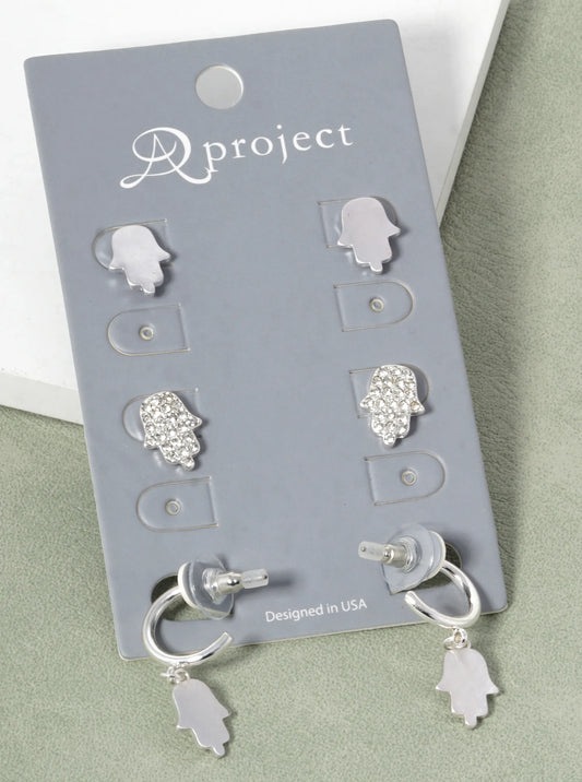 3-Pair Set Hamsa Spiritual Stud Dangle Earrings