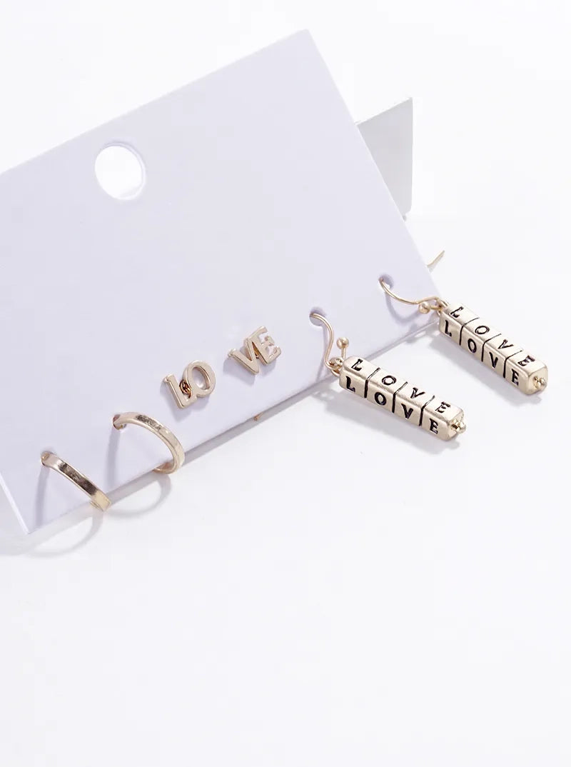 3-Pair Set Metal Love Earrings