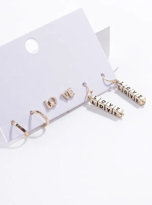 3-Pair Set Metal Love Earrings