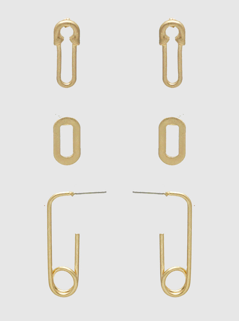3-Pair Set Paper Clip Stud Earrings